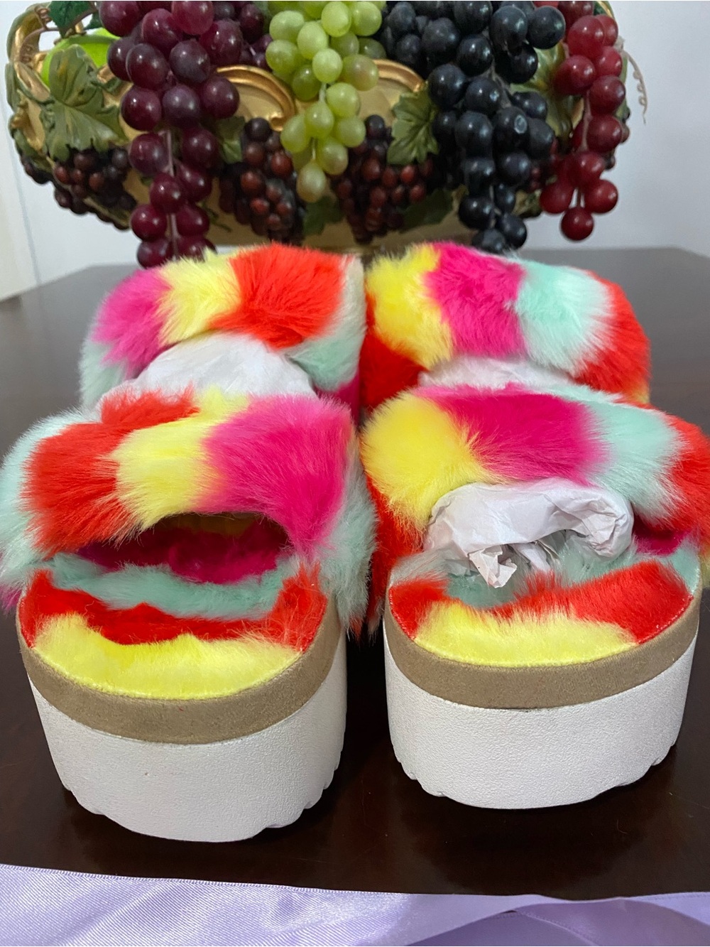 Madden Girl Multicolor Faux Fur Platform Slide Sandals